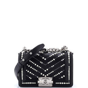 Chanel Small Boy Flap Bag Pearl Embellished Chevron Calfskin